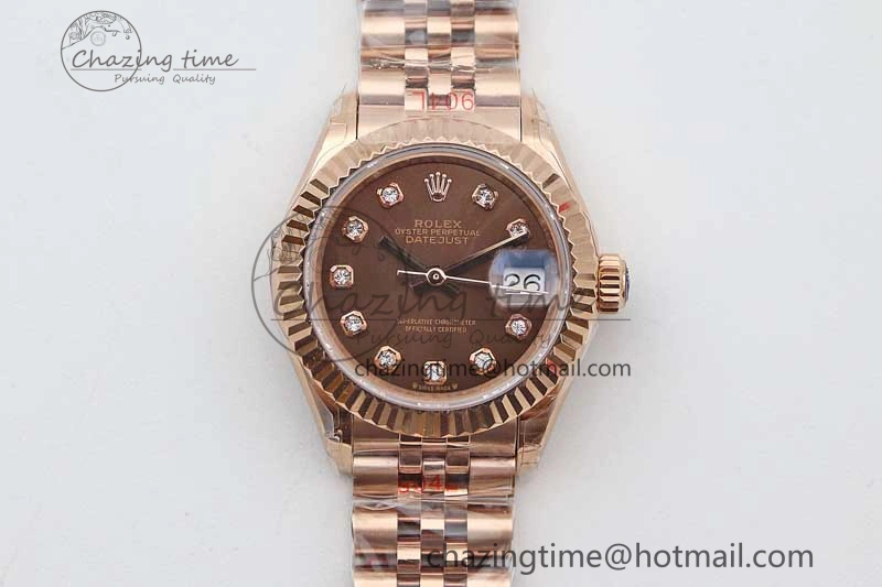 Lady DateJust 28 RG TWF 1:1 Best Edition Brown Dial Diamonds Markers on Jubilee Bracelet NH Soft 2137