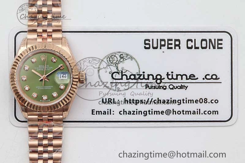 WrinkleFree Lady DateJust 28 RG TWF 1:1 Best Edition Green Dial Diamonds Markers on Jubilee Bracelet NH 2138