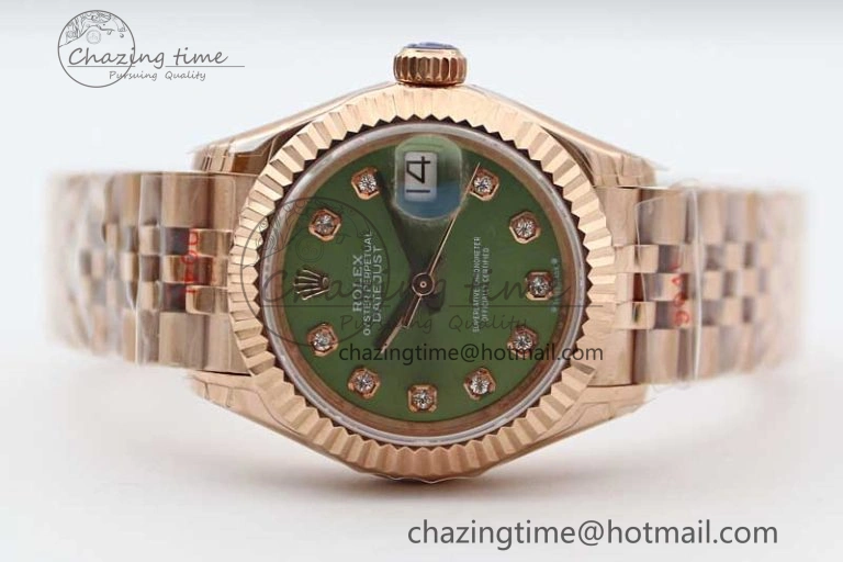 WrinkleFree Lady DateJust 28 RG TWF 1:1 Best Edition Green Dial Diamonds Markers on Jubilee Bracelet NH 2138