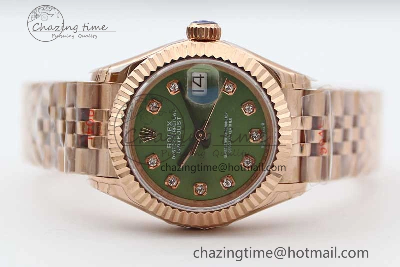 WrinkleFree Lady DateJust 28 RG TWF 1:1 Best Edition Green Dial Diamonds Markers on Jubilee Bracelet NH 2138