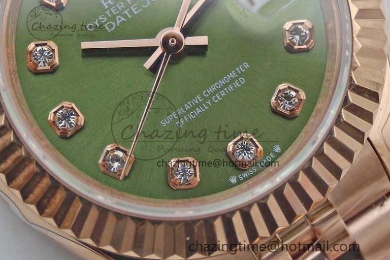 WrinkleFree Lady DateJust 28 RG TWF 1:1 Best Edition Green Dial Diamonds Markers on Jubilee Bracelet NH 2138