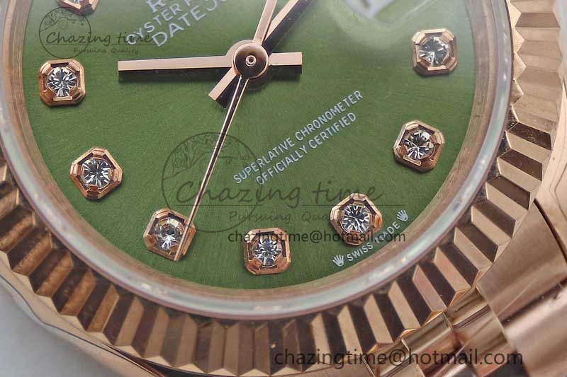 WrinkleFree Lady DateJust 28 RG TWF 1:1 Best Edition Green Dial Diamonds Markers on Jubilee Bracelet NH 2138