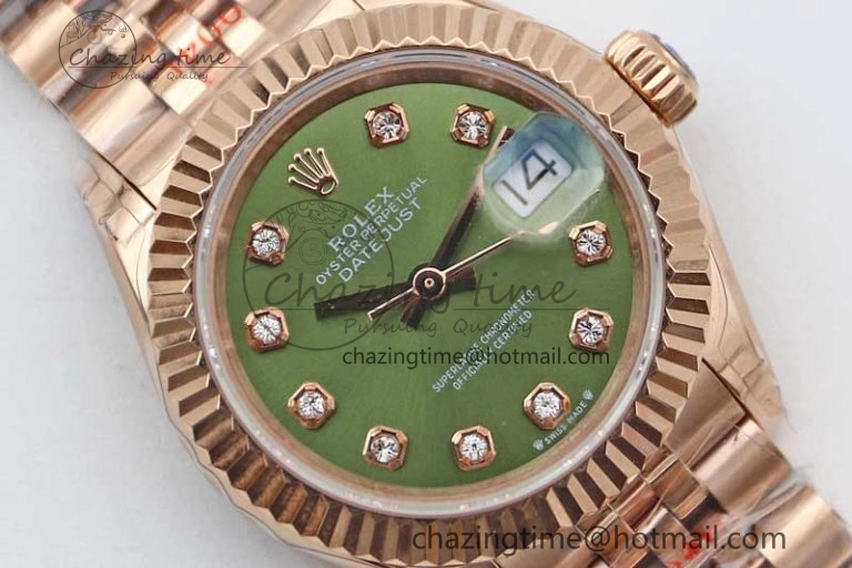 WrinkleFree Lady DateJust 28 RG TWF 1:1 Best Edition Green Dial Diamonds Markers on Jubilee Bracelet NH 2138