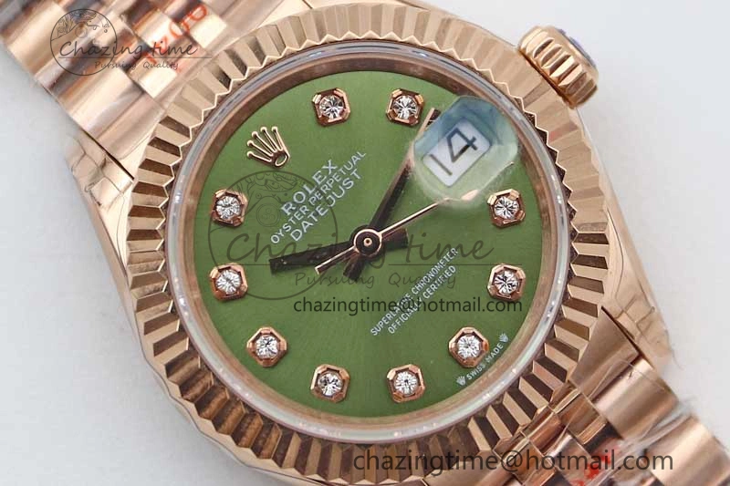 WrinkleFree Lady DateJust 28 RG TWF 1:1 Best Edition Green Dial Diamonds Markers on Jubilee Bracelet NH 2138