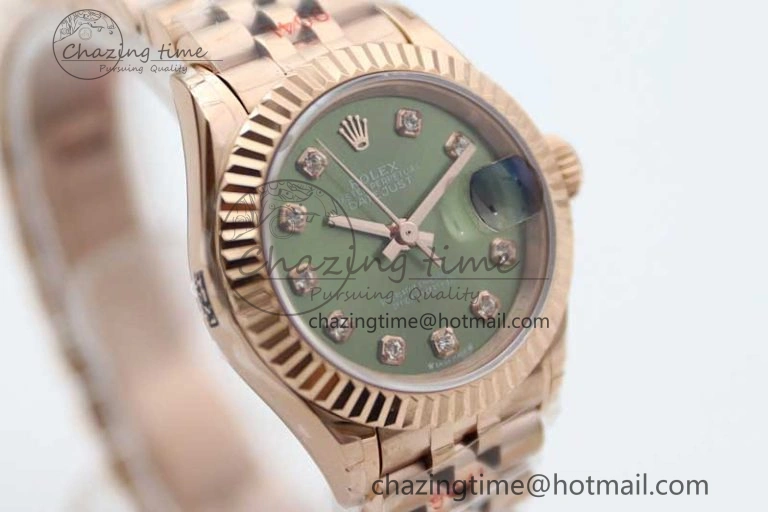 WrinkleFree Lady DateJust 28 RG TWF 1:1 Best Edition Green Dial Diamonds Markers on Jubilee Bracelet NH 2138