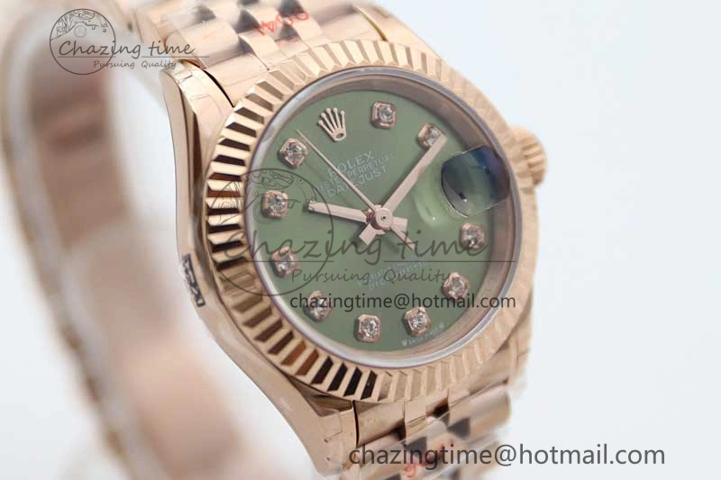 WrinkleFree Lady DateJust 28 RG TWF 1:1 Best Edition Green Dial Diamonds Markers on Jubilee Bracelet NH 2138