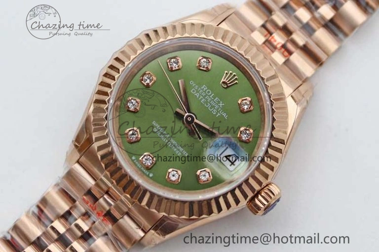 WrinkleFree Lady DateJust 28 RG TWF 1:1 Best Edition Green Dial Diamonds Markers on Jubilee Bracelet NH 2138