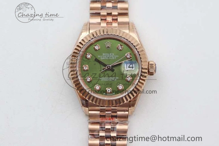 Contemporary Lady DateJust 28 RG TWF 1:1 Best Edition Green Dial Diamonds Markers on Jubilee Bracelet NH 10187