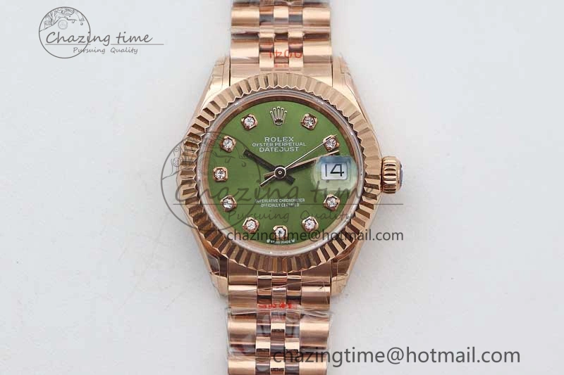 WrinkleFree Lady DateJust 28 RG TWF 1:1 Best Edition Green Dial Diamonds Markers on Jubilee Bracelet NH 2138