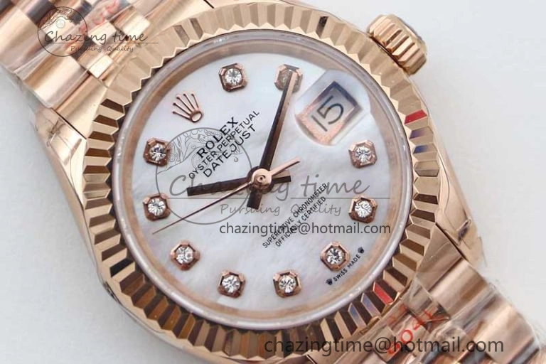 Lady DateJust 28 RG TWF 1:1 Best Edition White MOP Dial Diamonds Markers on Jubilee Bracelet NH ZipUp 2136