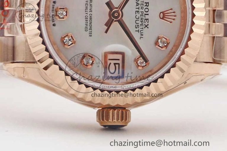 Lady DateJust 28 RG TWF 1:1 Best Edition White MOP Dial Diamonds Markers on Jubilee Bracelet NH ZipUp 2136