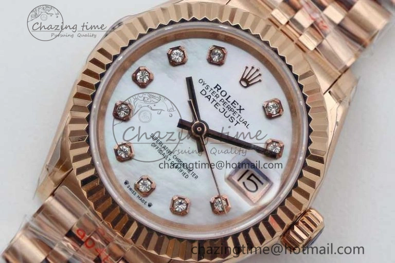 Lady DateJust 28 RG TWF 1:1 Best Edition White MOP Dial Diamonds Markers on Jubilee Bracelet NH ZipUp 2136