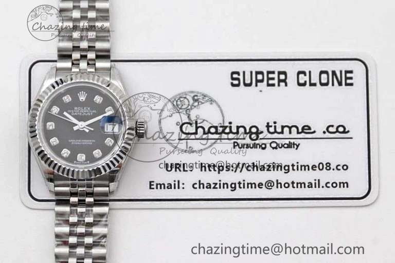 Lady DateJust 28 SS TWF 1:1 Best Edition 904L Steel Black Dial Diamonds Markers on President Bracelet NH Affordable 10205