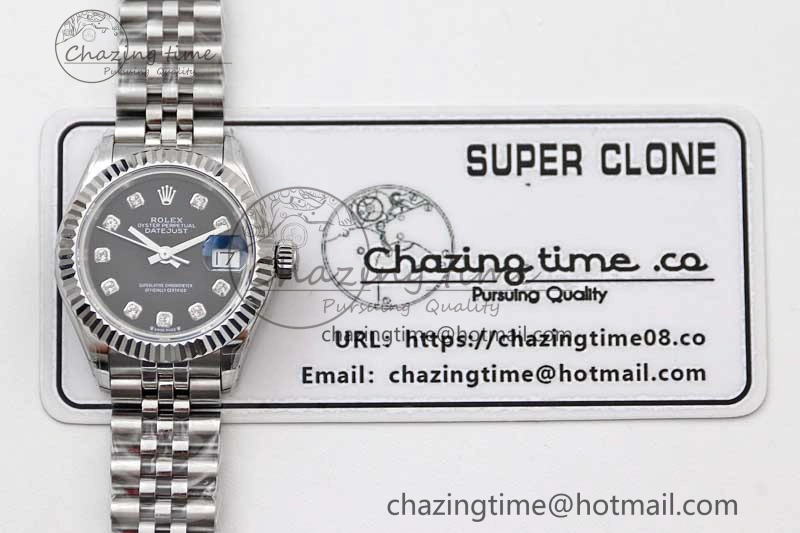 Lady DateJust 28 SS TWF 1:1 Best Edition 904L Steel Black Dial Diamonds Markers on President Bracelet NH Affordable 10205