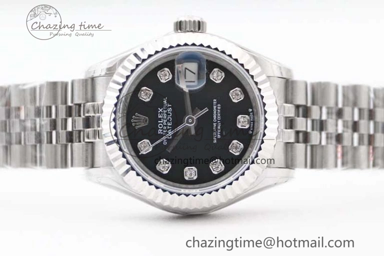 Lady DateJust 28 SS TWF 1:1 Best Edition 904L Steel Black Dial Diamonds Markers on President Bracelet NH Affordable 10205