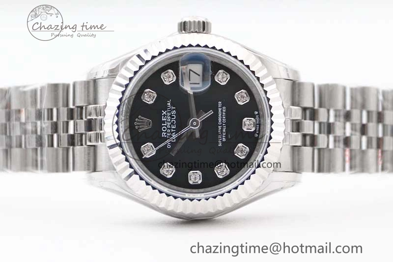 Lady DateJust 28 SS TWF 1:1 Best Edition 904L Steel Black Dial Diamonds Markers on President Bracelet NH Affordable 10205