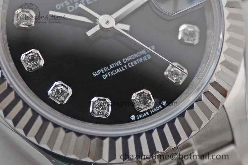 Lady DateJust 28 SS TWF 1:1 Best Edition 904L Steel Black Dial Diamonds Markers on President Bracelet NH Affordable 10205