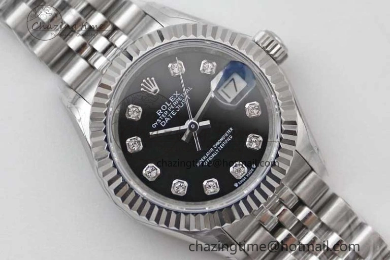 Lady DateJust 28 SS TWF 1:1 Best Edition 904L Steel Black Dial Diamonds Markers on President Bracelet NH Affordable 10205