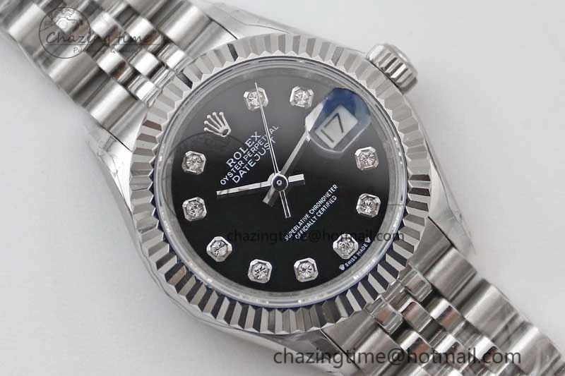 Lady DateJust 28 SS TWF 1:1 Best Edition 904L Steel Black Dial Diamonds Markers on President Bracelet NH Affordable 10205