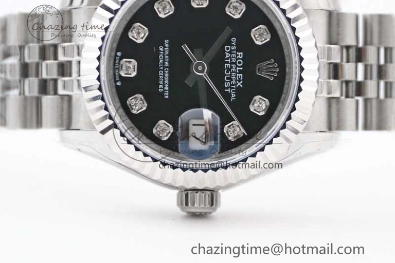 Lady DateJust 28 SS TWF 1:1 Best Edition 904L Steel Black Dial Diamonds Markers on President Bracelet NH Affordable 10205