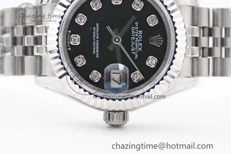 Lady DateJust 28 SS TWF 1:1 Best Edition 904L Steel Black Dial Diamonds Markers on President Bracelet NH Affordable 10205