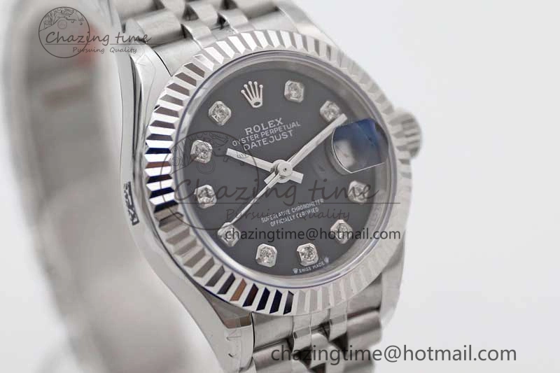 Lady DateJust 28 SS TWF 1:1 Best Edition 904L Steel Black Dial Diamonds Markers on President Bracelet NH Affordable 10205