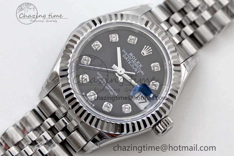 Lady DateJust 28 SS TWF 1:1 Best Edition 904L Steel Black Dial Diamonds Markers on President Bracelet NH Affordable 10205