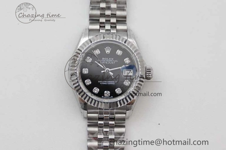 Lady DateJust 28 SS TWF 1:1 Best Edition 904L Steel Black Dial Diamonds Markers on President Bracelet NH Fashionable 2184
