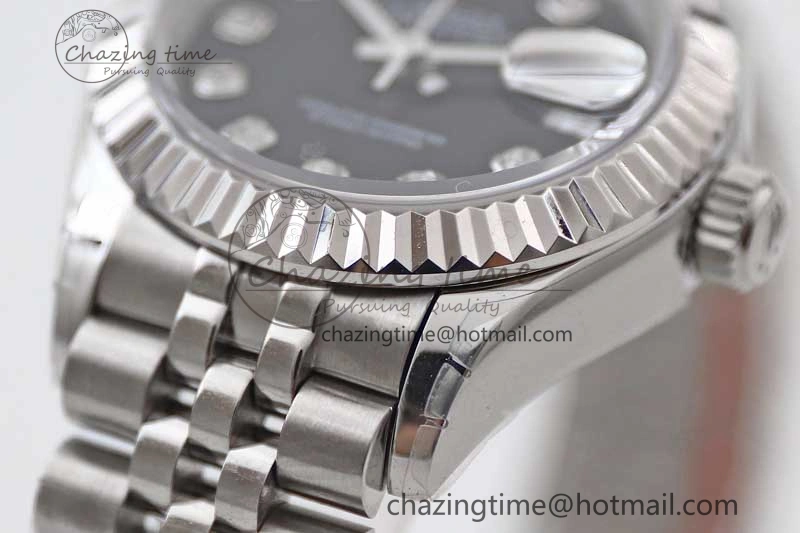 Lady DateJust 28 SS TWF 1:1 Best Edition 904L Steel Black Dial Diamonds Markers on President Bracelet NH Affordable 10205