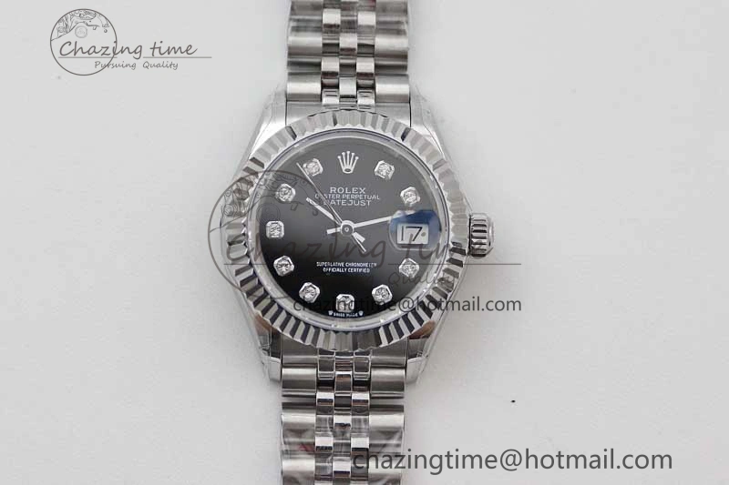 Lady DateJust 28 SS TWF 1:1 Best Edition 904L Steel Black Dial Diamonds Markers on President Bracelet NH Affordable 10205
