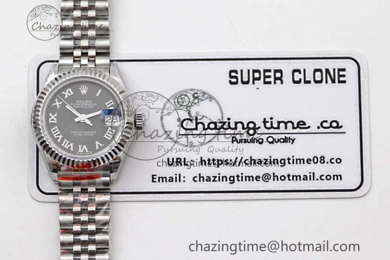 Lady DateJust 28 SS TWF 1:1 Best Edition 904L Steel Black Dial Roman Markers on President Bracelet NH TravelReady 2173