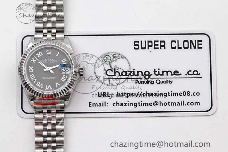 Lady DateJust 28 SS TWF 1:1 Best Edition 904L Steel Black Dial Roman Markers on President Bracelet NH TravelReady 2173