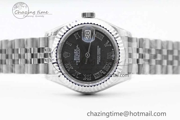 Lady DateJust 28 SS TWF 1:1 Best Edition 904L Steel Black Dial Roman Markers on President Bracelet NH TravelReady 2173