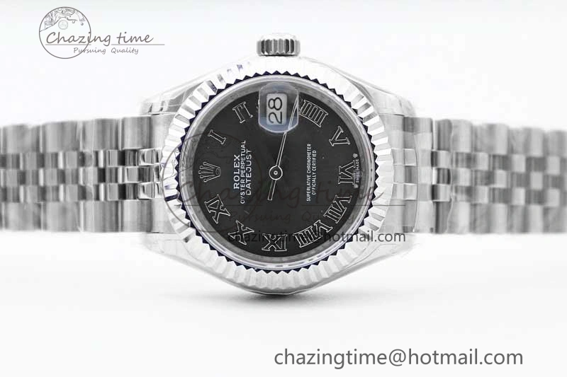 Lady DateJust 28 SS TWF 1:1 Best Edition 904L Steel Black Dial Roman Markers on President Bracelet NH TravelReady 2173
