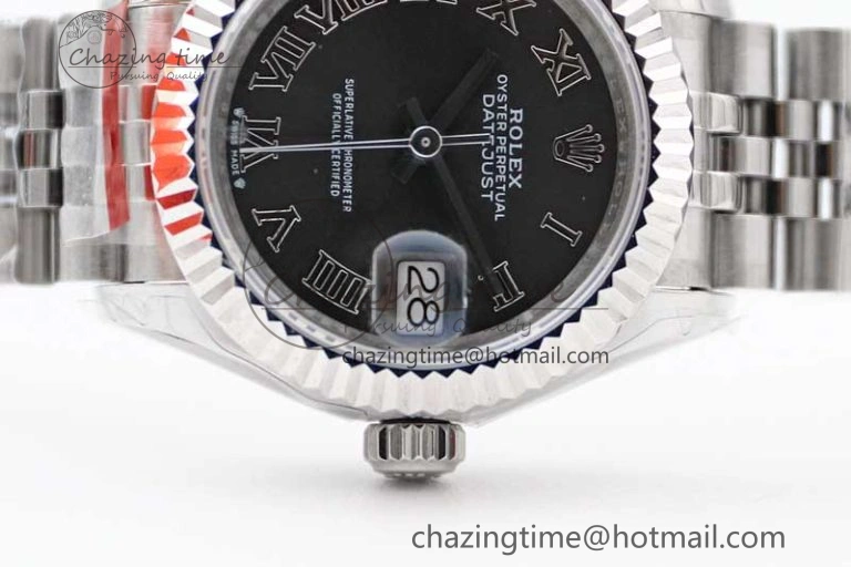 Lady DateJust 28 SS TWF 1:1 Best Edition 904L Steel Black Dial Roman Markers on President Bracelet NH TravelReady 2173