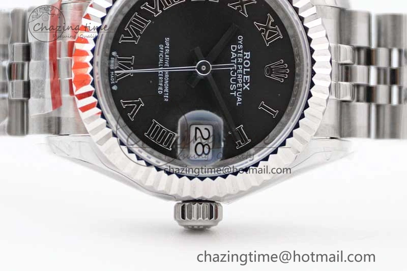 Lady DateJust 28 SS TWF 1:1 Best Edition 904L Steel Black Dial Roman Markers on President Bracelet NH TravelReady 2173