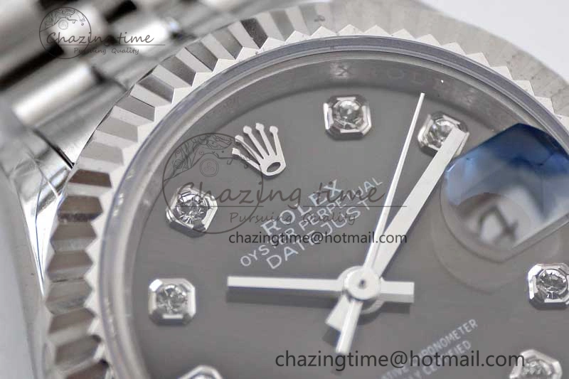 Lady DateJust 28 SS TWF 1:1 Best Edition 904L Steel Gray Dial Diamonds Markers on President Bracelet NH Comfortable 10202