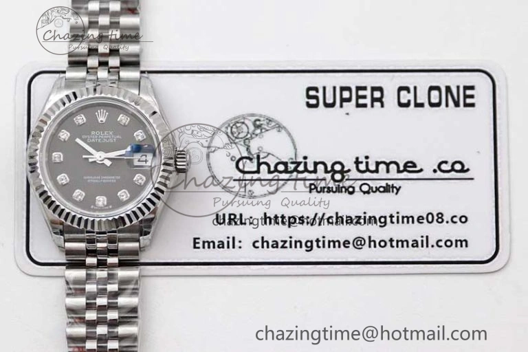 Lady DateJust 28 SS TWF 1:1 Best Edition 904L Steel Gray Dial Diamonds Markers on President Bracelet NH Comfortable 10202