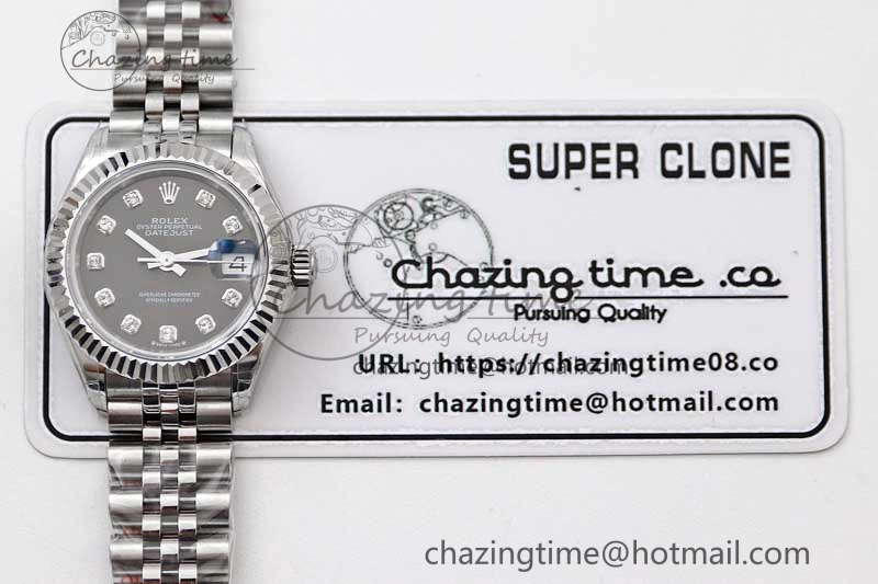 Lady DateJust 28 SS TWF 1:1 Best Edition 904L Steel Gray Dial Diamonds Markers on President Bracelet NH Comfortable 10202