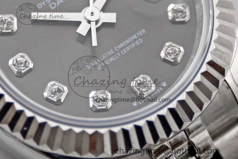 Lady DateJust 28 SS TWF 1:1 Best Edition 904L Steel Gray Dial Diamonds Markers on President Bracelet NH Comfortable 10202