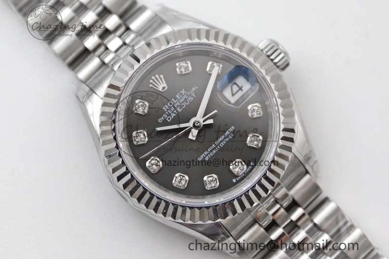 Lady DateJust 28 SS TWF 1:1 Best Edition 904L Steel Gray Dial Diamonds Markers on President Bracelet NH Comfortable 10202