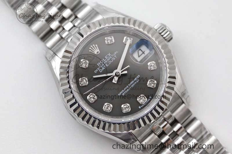 Lady DateJust 28 SS TWF 1:1 Best Edition 904L Steel Gray Dial Diamonds Markers on President Bracelet NH Comfortable 10202
