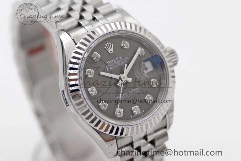 Lady DateJust 28 SS TWF 1:1 Best Edition 904L Steel Gray Dial Diamonds Markers on President Bracelet NH Comfortable 10202