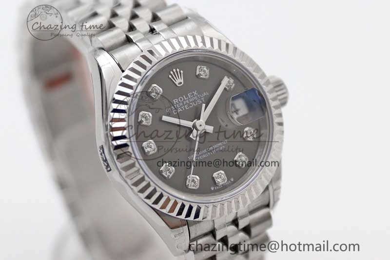 Lady DateJust 28 SS TWF 1:1 Best Edition 904L Steel Gray Dial Diamonds Markers on President Bracelet NH Comfortable 10202