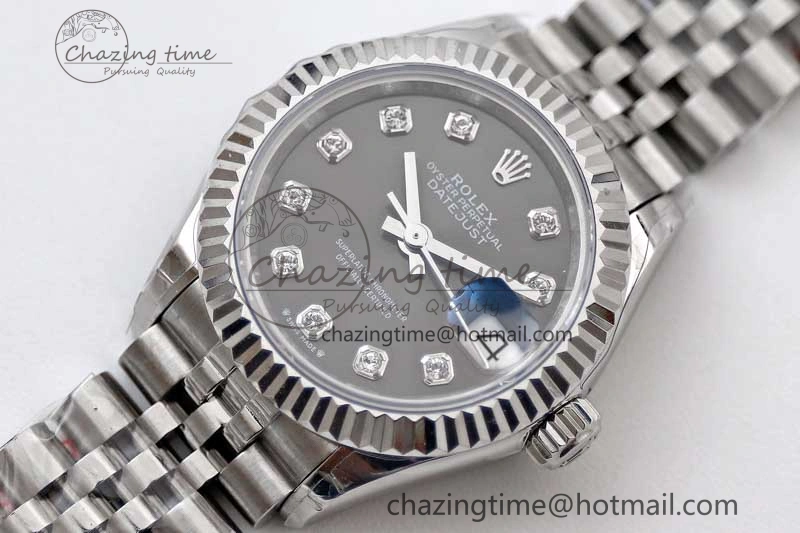 Lady DateJust 28 SS TWF 1:1 Best Edition 904L Steel Gray Dial Diamonds Markers on President Bracelet NH Comfortable 10202