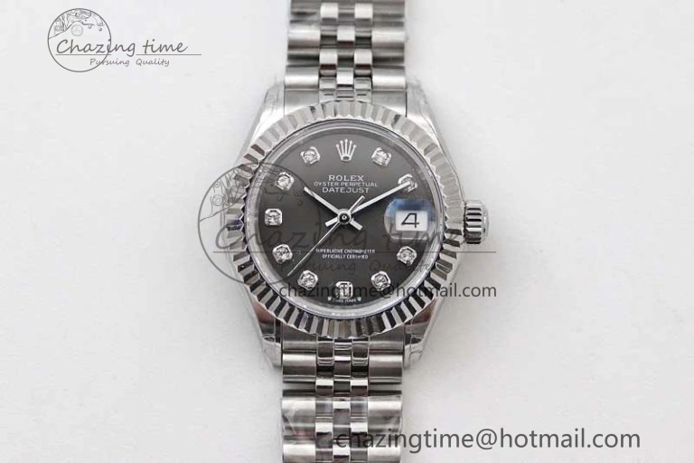 Unique Lady DateJust 28 SS TWF 1:1 Best Edition 904L Steel Gray Dial Diamonds Markers on President Bracelet NH 2181