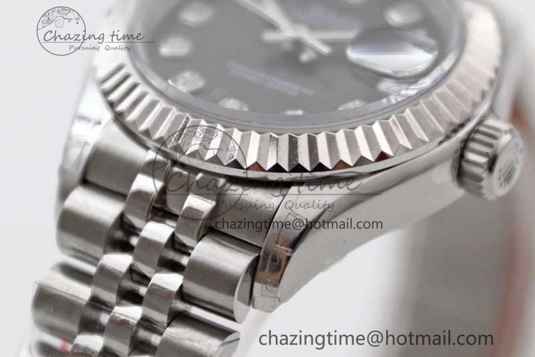 Lady DateJust 28 SS TWF 1:1 Best Edition 904L Steel Gray Dial Diamonds Markers on President Bracelet NH Comfortable 10202