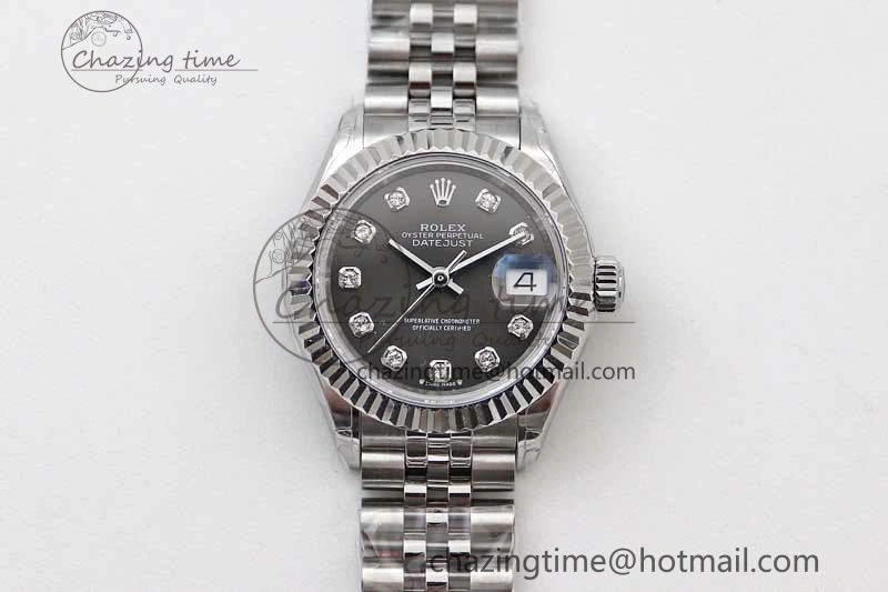 Lady DateJust 28 SS TWF 1:1 Best Edition 904L Steel Gray Dial Diamonds Markers on President Bracelet NH Comfortable 10202