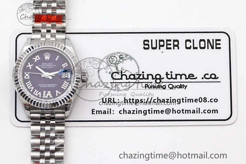 Efficient Lady DateJust 28 SS TWF 1:1 Best Edition 904L Steel Purple Dial Roman Markers on President Bracelet NH 10196