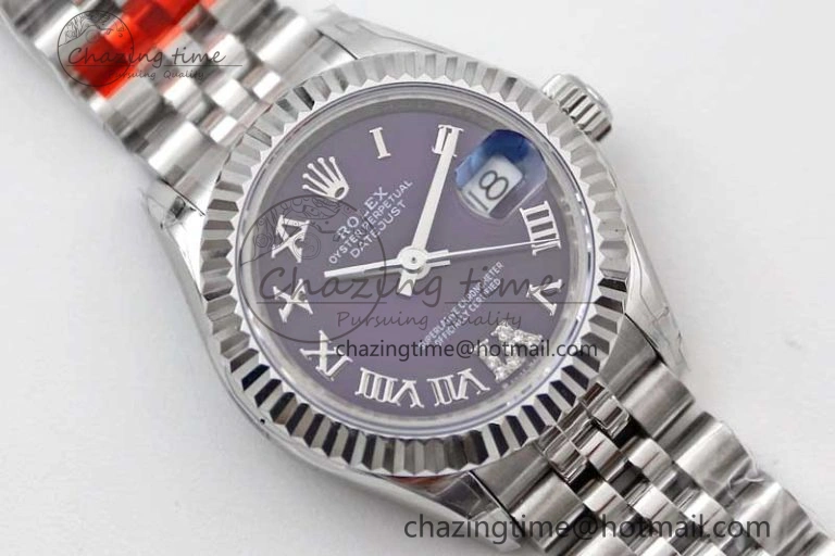Efficient Lady DateJust 28 SS TWF 1:1 Best Edition 904L Steel Purple Dial Roman Markers on President Bracelet NH 10196